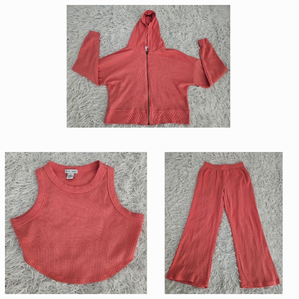 EUC Better Together 3 Piece Outfit Set Ribbed Knit Orange Coral Womens M